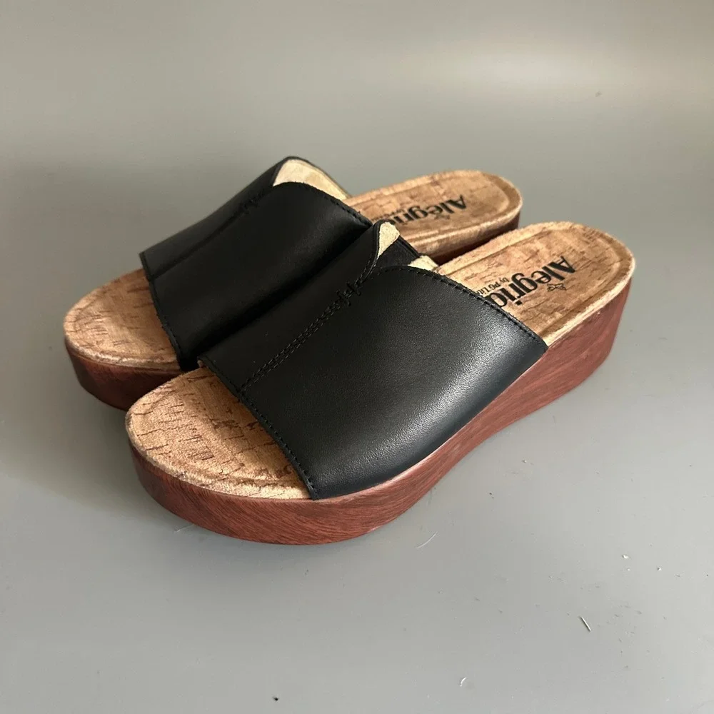 Alegria by PG Lite Black Leather Platform Slide Sandals Wood Grain Wedge Size 6